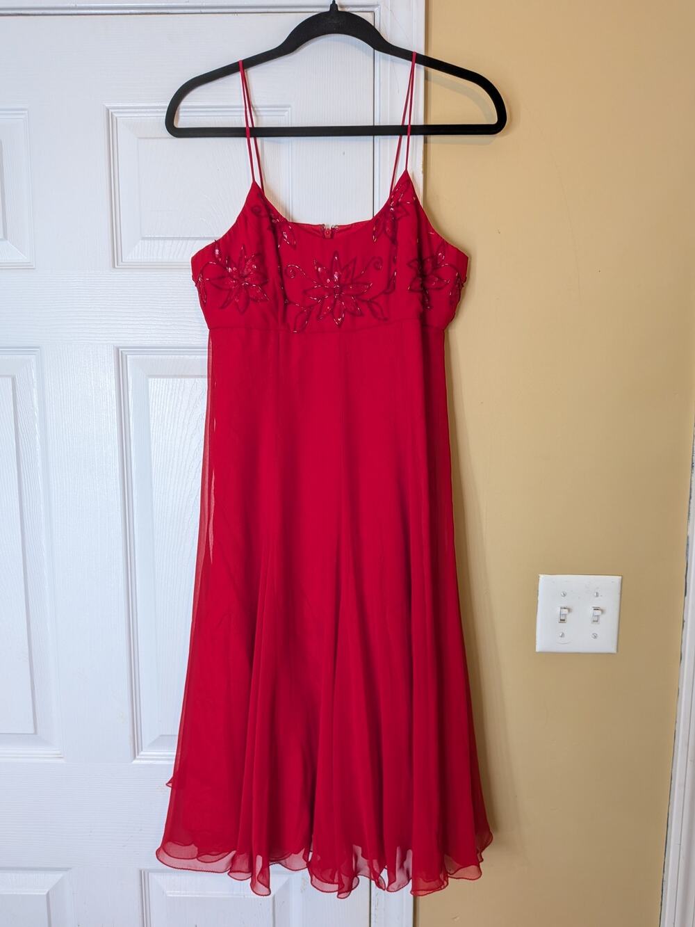 Frank Usher Red Beaded Floral Chiffon Midi Dress Size 10 Vintage Evening Dress